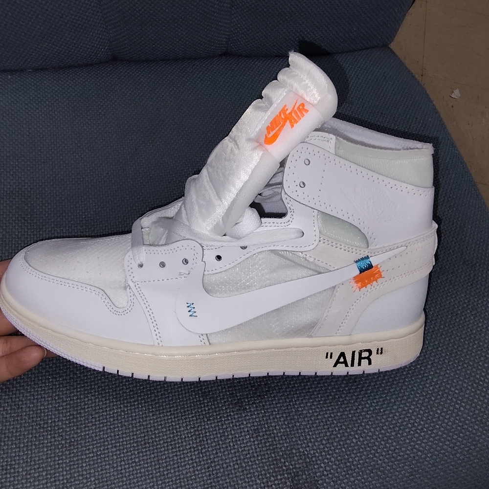 Off-White White High-Top Sneaker with Orange and Blue Accents - Picture 1 of 4